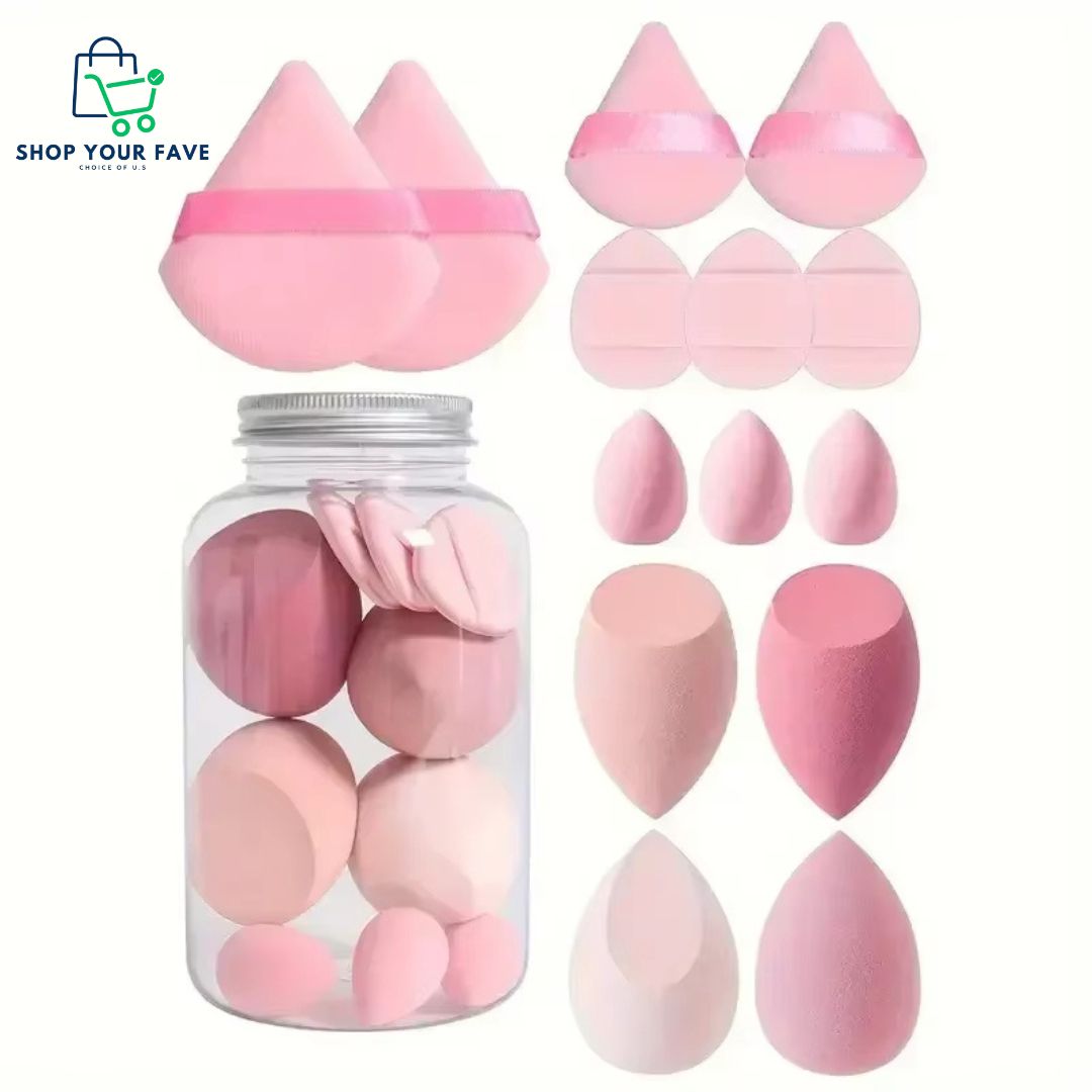 12 Pcs Pink Makeup Sponge Set with Storage Jar